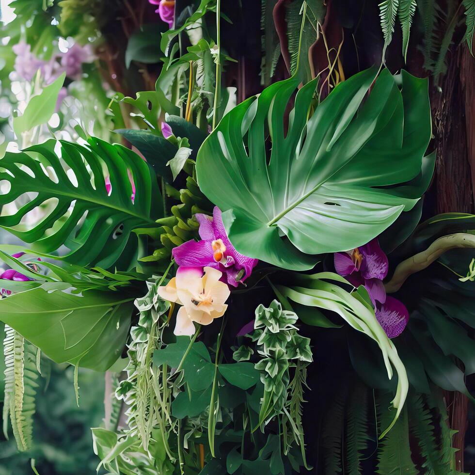 Dark green leaves monstera or split leaf philodendron light and shadow background. photo
