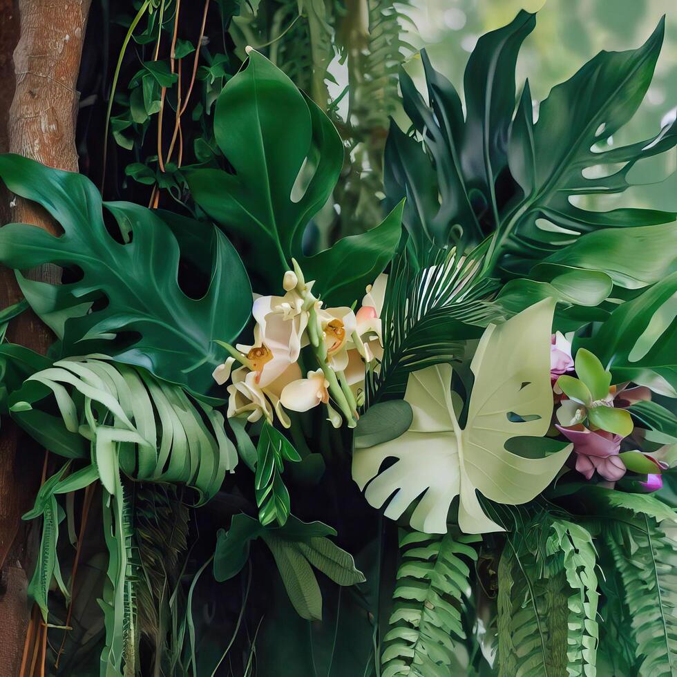 Dark green leaves monstera or split leaf philodendron light and shadow background. photo