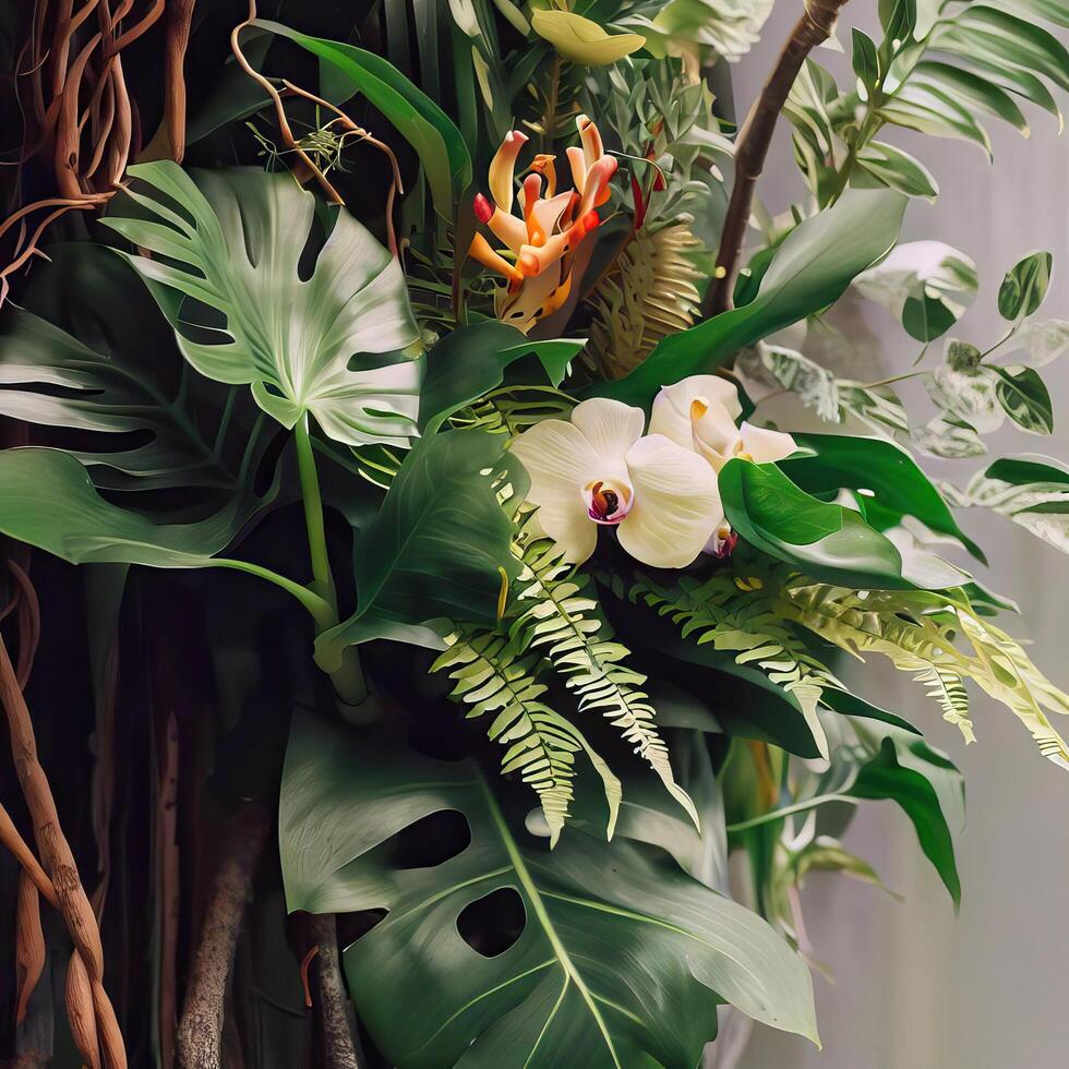 Dark green leaves monstera or split leaf philodendron light and shadow background. photo