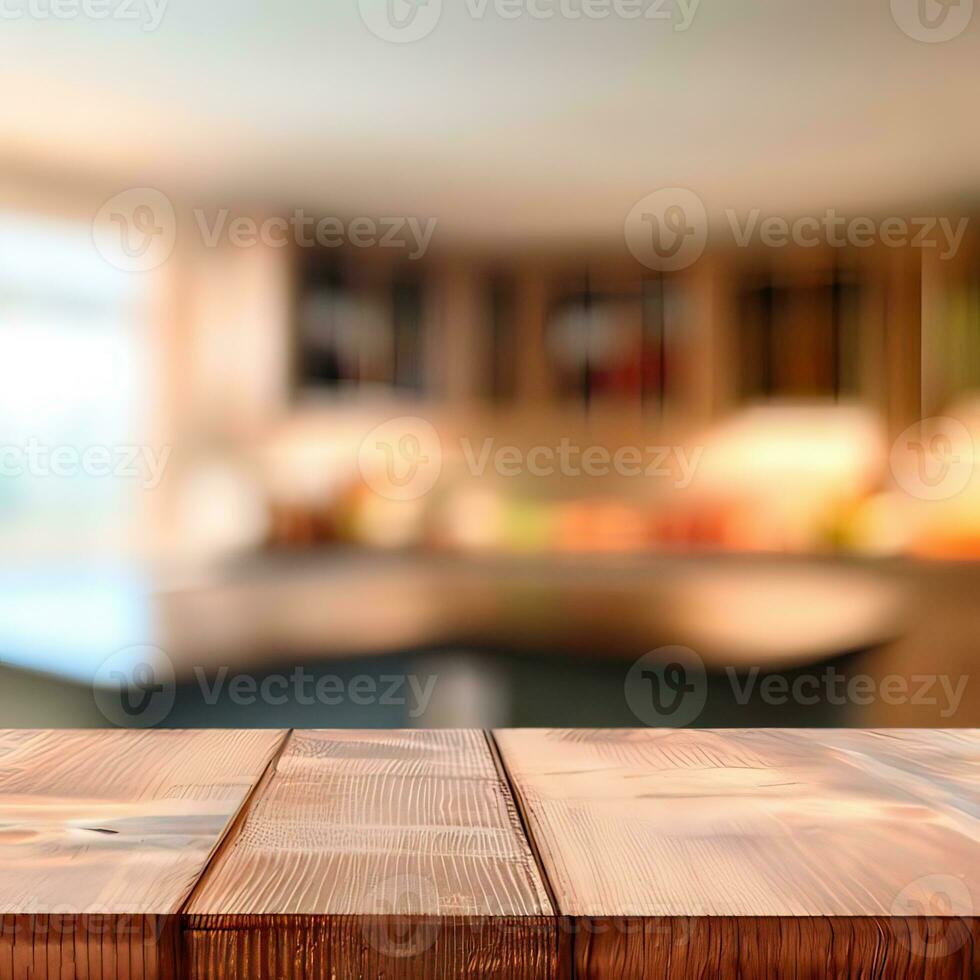 Empty wooden table top and blurred kitchen, dining room interior on the background. Copy space for your object, product, food presentation. Generative AI photo