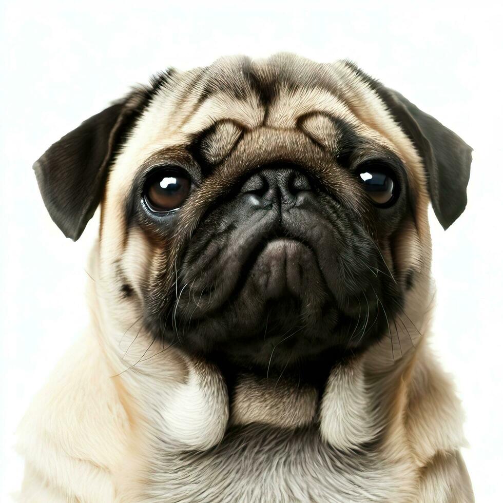 The pug dog sits and looks directly into the camera. Sad big eyes. Generative AI photo
