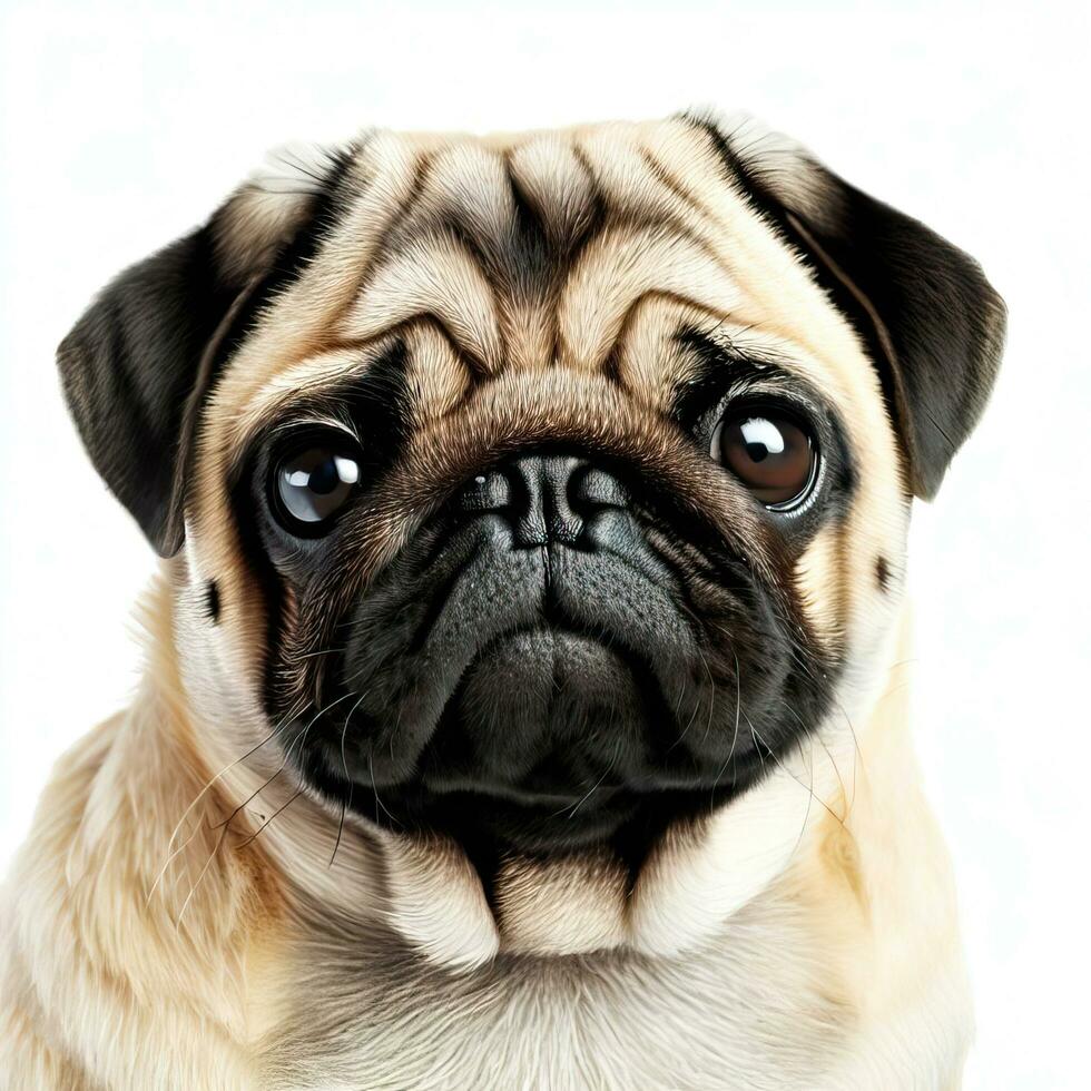 The pug dog sits and looks directly into the camera Sad big eyesGenerative AI photo