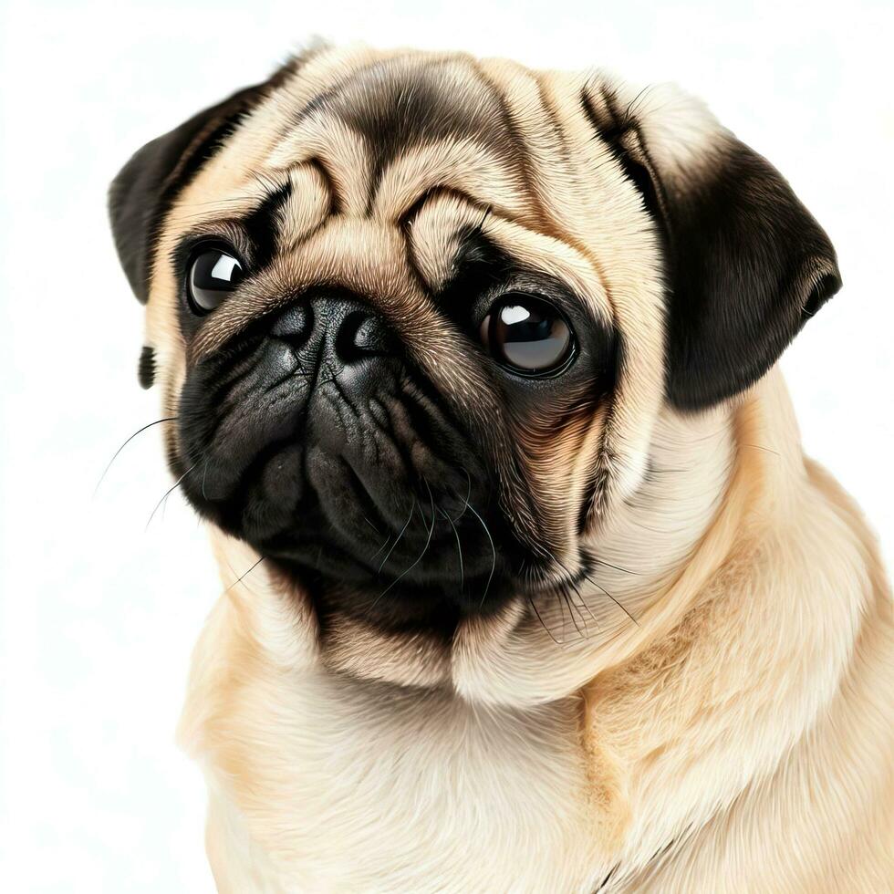 The pug dog sits and looks directly into the camera Sad big eyesGenerative AI photo