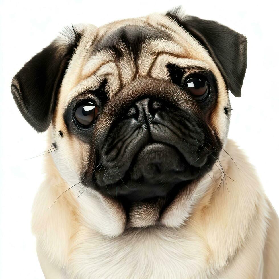 The pug dog sits and looks directly into the camera. Sad big eyes.Generative AI photo