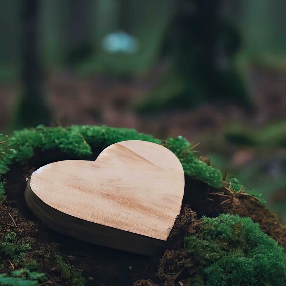 funeral Heart sympathy or wooden funeral heart near a tree. Natural burial grave in the forest. Heart on grass or moss. tree burial, cemetery and All Saints Day concepts Generative AI photo