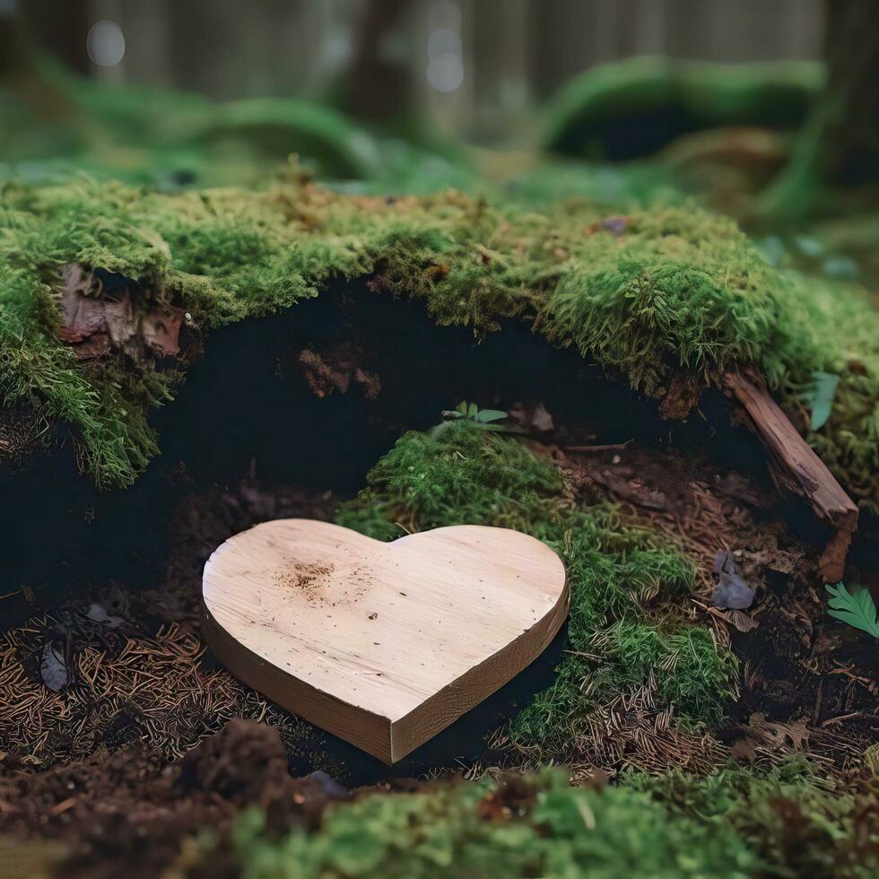 funeral Heart sympathy or wooden funeral heart near a tree. Natural burial grave in the forest. Heart on grass or moss. tree burial, cemetery and All Saints Day concepts Generative AI photo