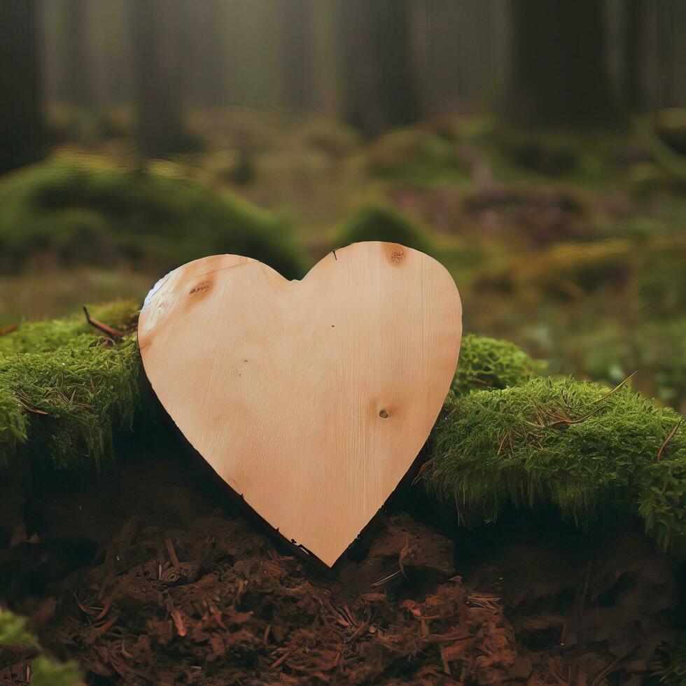funeral Heart sympathy or wooden funeral heart near a tree. Natural burial grave in the forest. Heart on grass or moss. tree burial, cemetery and All Saints Day concepts  Generative AI photo