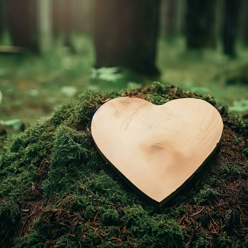 funeral Heart sympathy or wooden funeral heart near a tree. Natural burial grave in the forest. Heart on grass or moss. tree burial, cemetery and All Saints Day concepts Generative AI photo