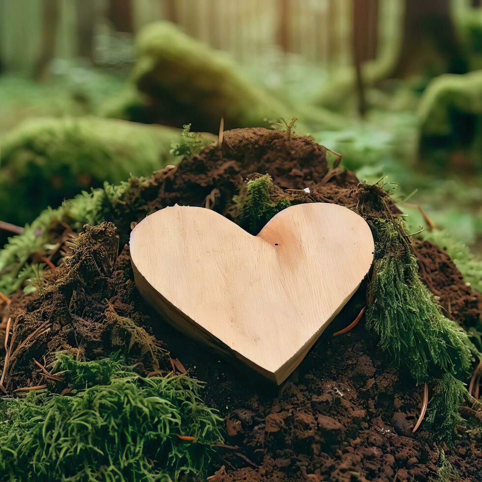 funeral Heart sympathy or wooden funeral heart near a tree. Natural burial grave in the forest. Heart on grass or moss. tree burial, cemetery and All Saints Day concepts  Generative AI photo