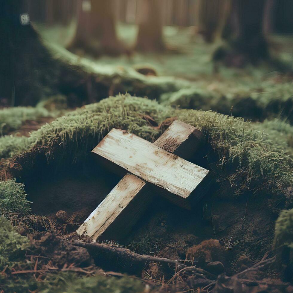 funeral corazón simpatía o de madera funeral corazón cerca un árbol. natural entierro tumba en el bosque. corazón en césped o musgo. árbol entierro, cementerio y todas santos día conceptos generativo ai foto