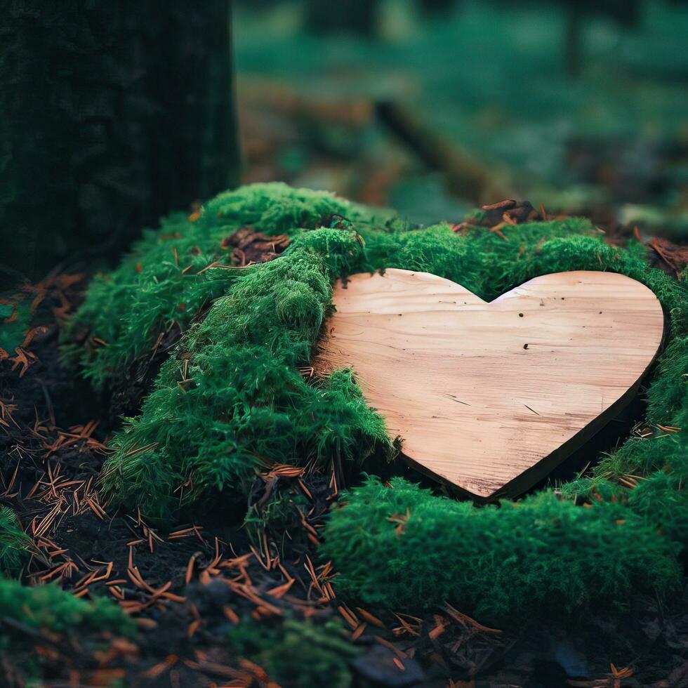 funeral Heart sympathy or wooden funeral heart near a tree. Natural burial grave in the forest. Heart on grass or moss. tree burial, cemetery and All Saints Day concepts Generative AI photo