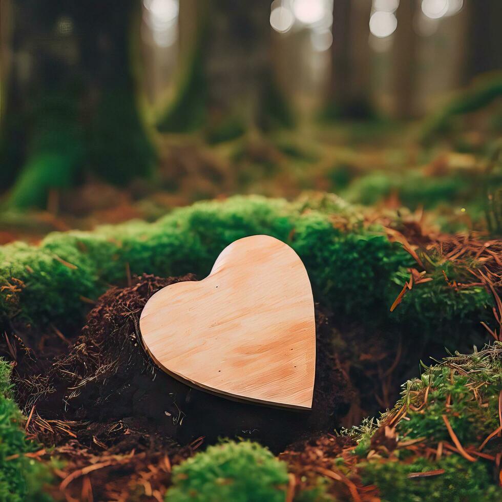 funeral Heart sympathy or wooden funeral heart near a tree. Natural burial grave in the forest. Heart on grass or moss. tree burial, cemetery and All Saints Day concepts Generative AI photo