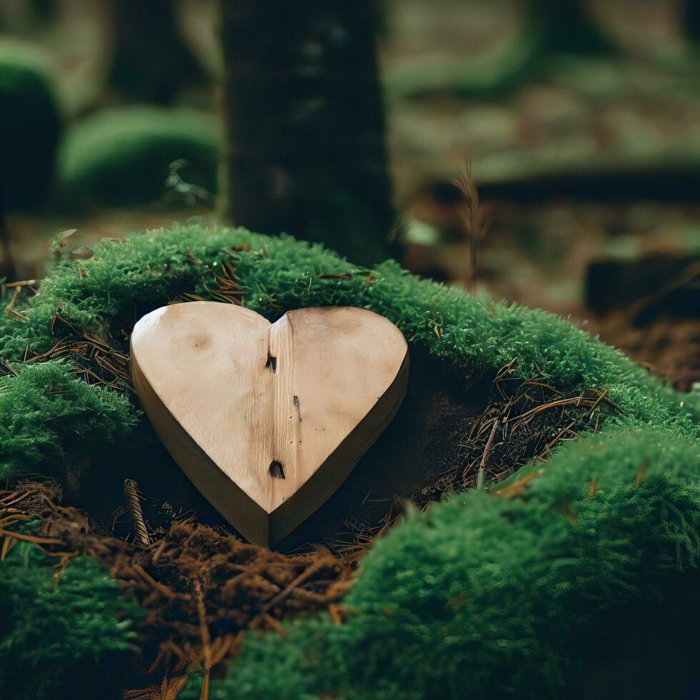 funeral Heart sympathy or wooden funeral heart near a tree. Natural burial grave in the forest. Heart on grass or moss. tree burial, cemetery and All Saints Day concepts Generative AI photo