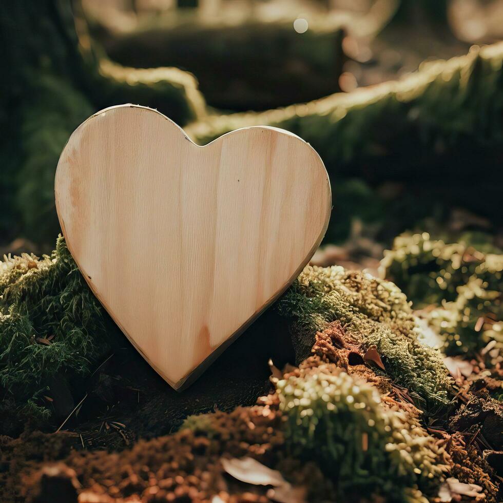 funeral Heart sympathy or wooden funeral heart near a tree. Natural burial grave in the forest. Heart on grass or moss. tree burial, cemetery and All Saints Day concepts Generative AI photo