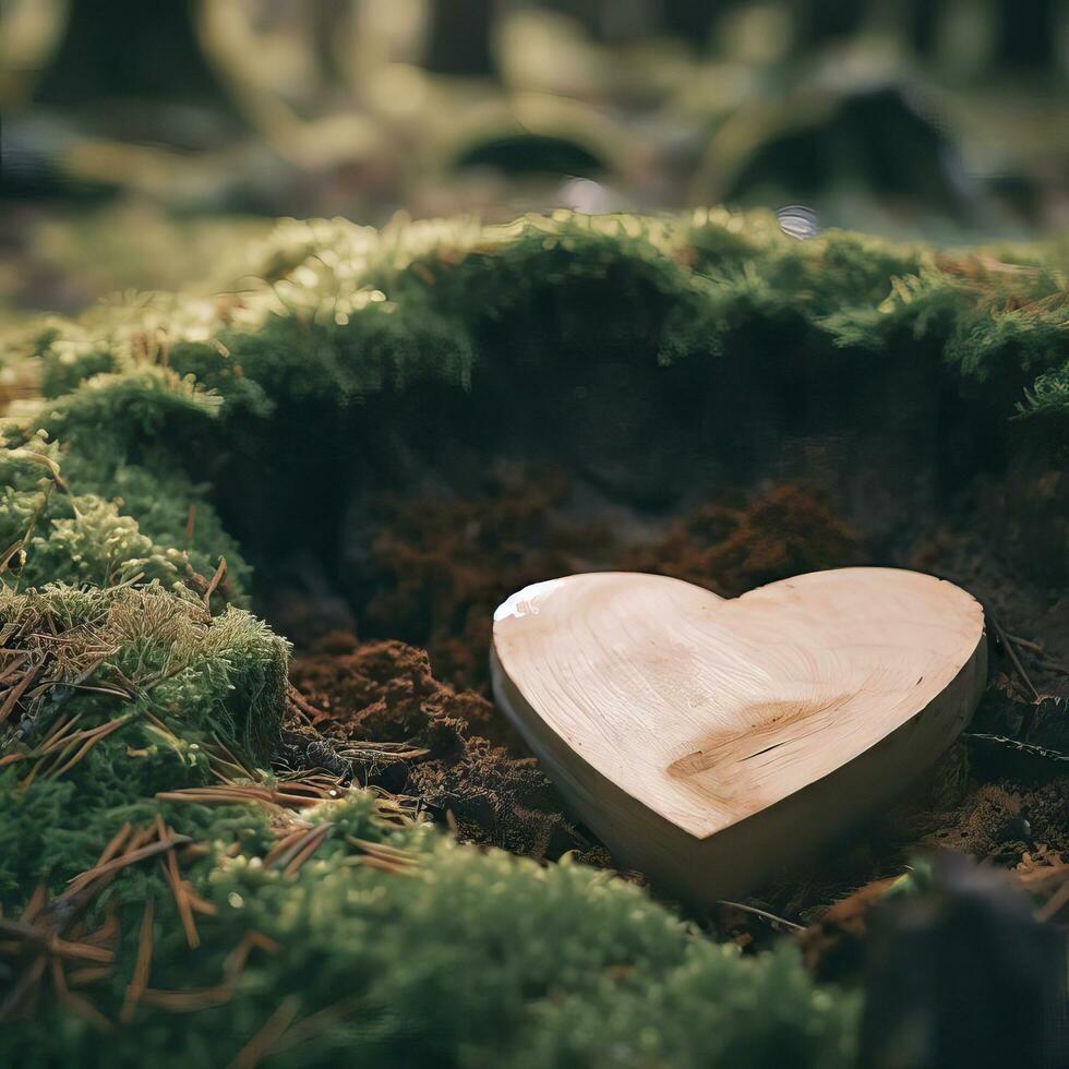 funeral Heart sympathy or wooden funeral heart near a tree. Natural burial grave in the forest. Heart on grass or moss. tree burial, cemetery and All Saints Day concepts Generative AI photo