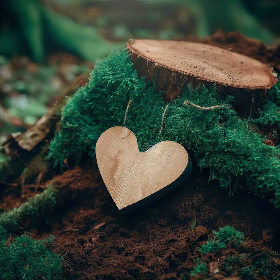 funeral Heart sympathy or wooden funeral heart near a tree. Natural burial grave in the forest. Heart on grass or moss. tree burial, cemetery and All Saints Day concepts Generative AI photo