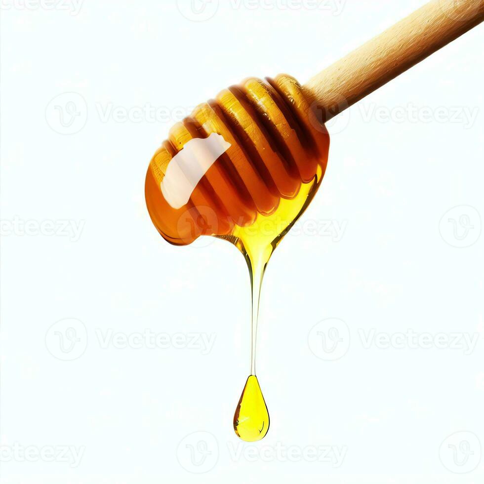 honey dipper drop. bee spoon. dripping syrup. sweet nectar. 3d realistic vector. honey dripping isolated on white background. Generative AI photo