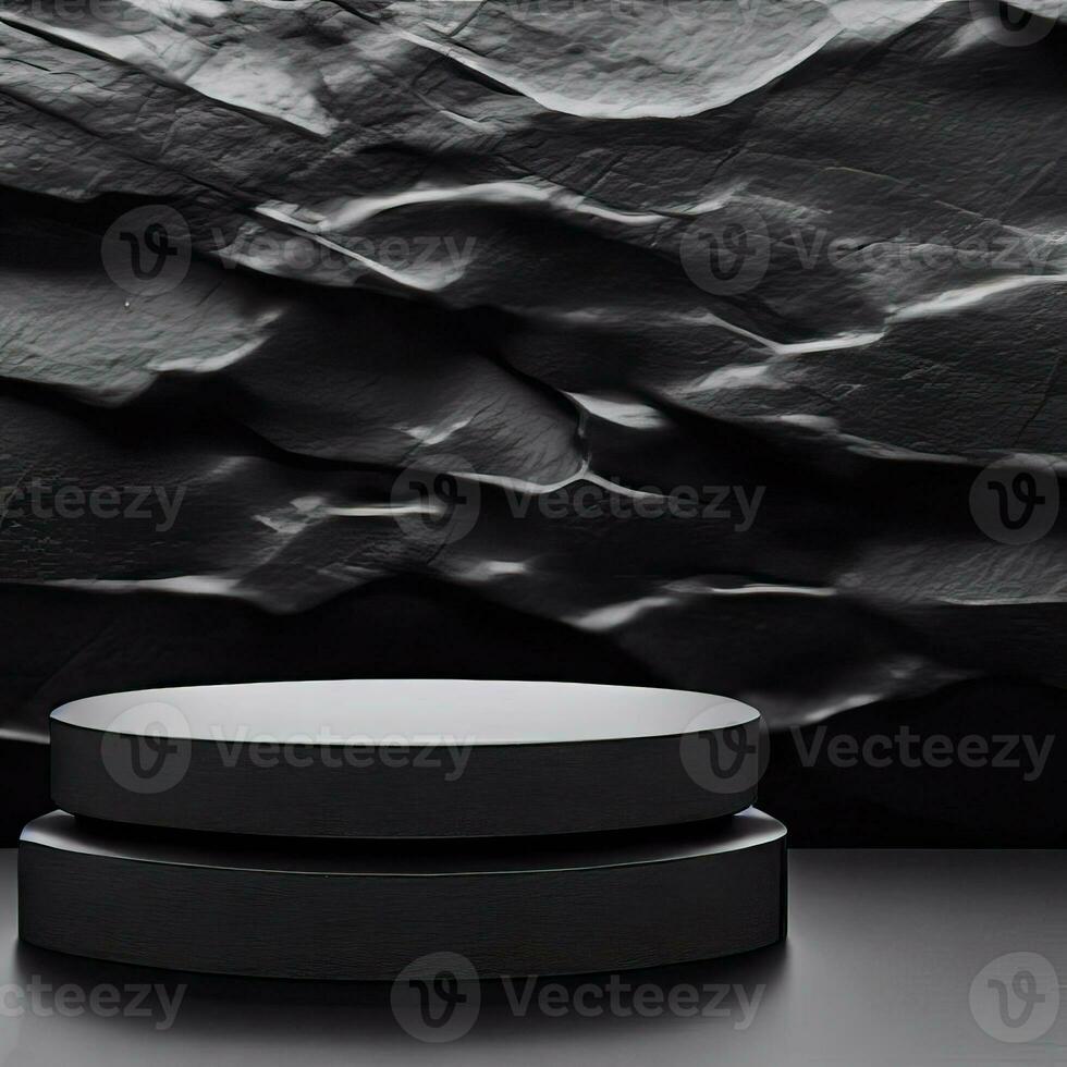 The abstract minimal scene with geometric forms. roller podium on black background. product presentation, mock-up, product show, podium, stage pedestal, or platform. 3d rendering Generative AI photo