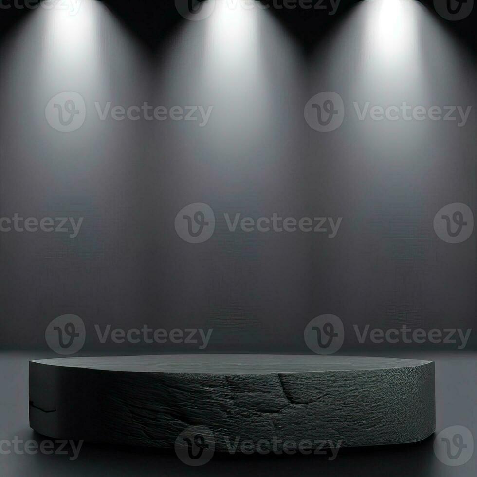 3d stage for product presentation spotlight, shapes, and glass objects on a reflective floor, stage podium award ceremony pedestal, dark background. Geometric advertising platform. Generative AI photo