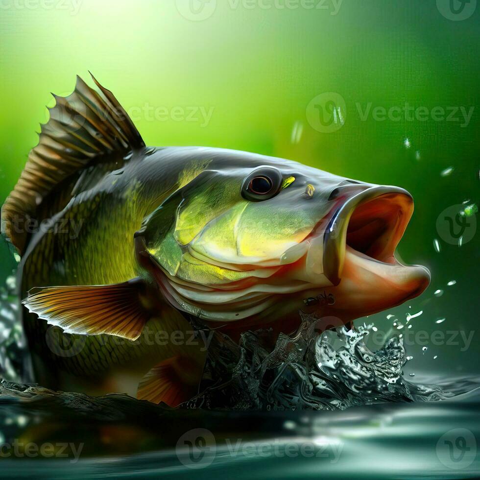 Bass Jumping out of the water on the lake Generative AI photo