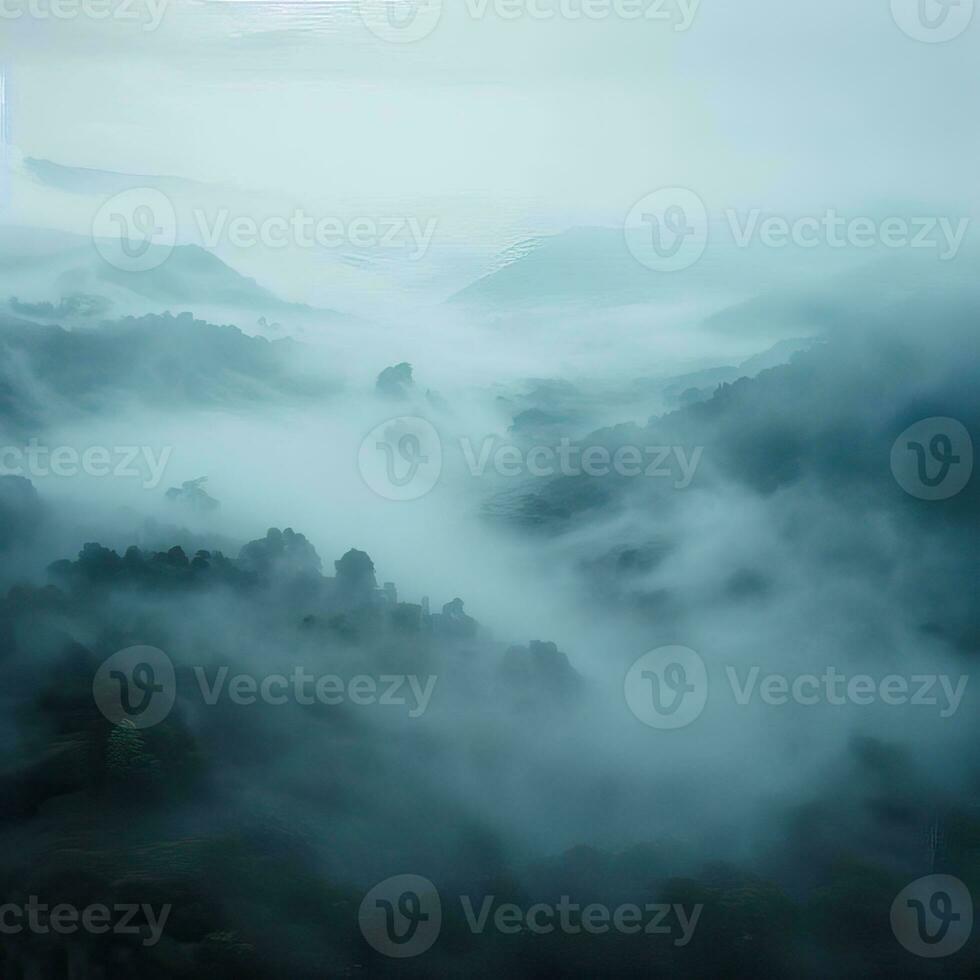 Fog over spruce forest trees in the early morning. Spruce trees silhouette on mountain hill forest in summer foggy scenery. Fog over the mountains Kanas morning fog. Generative AI photo