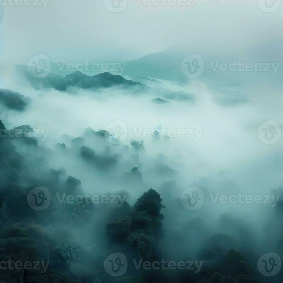 Fog over spruce forest trees in the early morning. Spruce trees silhouette on mountain hill forest in summer foggy scenery. Fog over the mountains Kanas morning fog. Generative AI photo