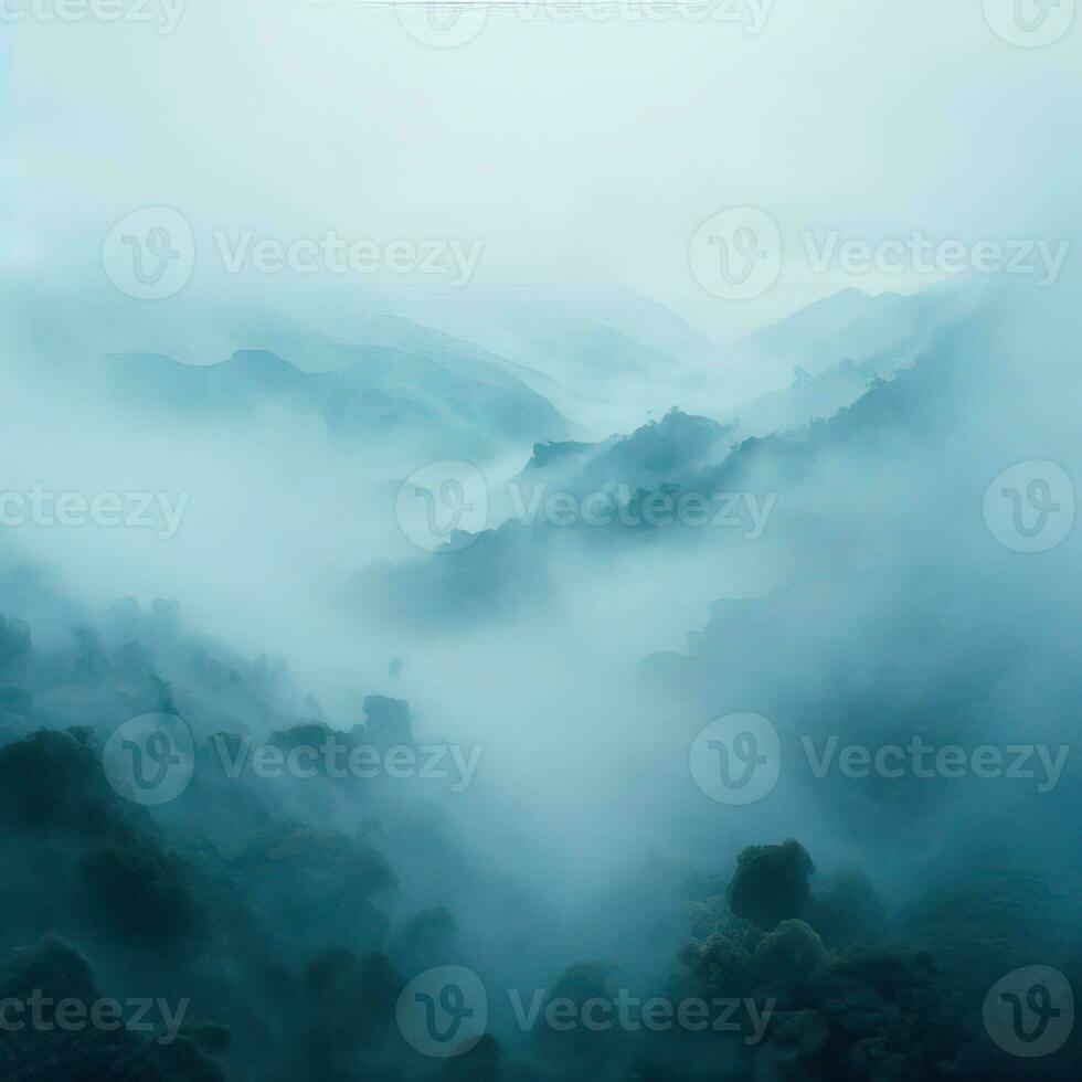 Fog over spruce forest trees in the early morning. Spruce trees silhouette on mountain hill forest in summer foggy scenery. Fog over the mountains Kanas morning fog. Generative AI photo