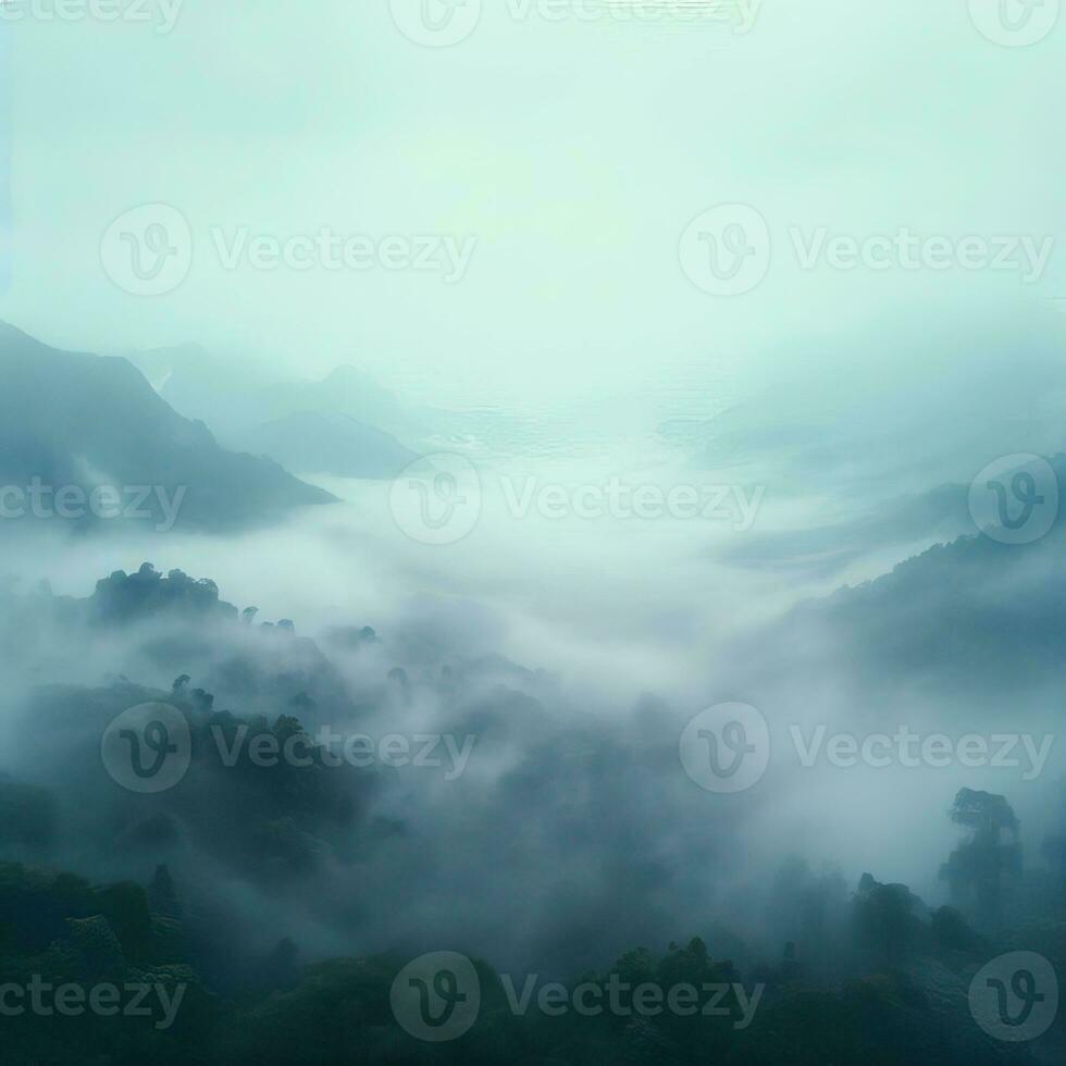 Fog over spruce forest trees in the early morning. Spruce trees silhouette on mountain hill forest in summer foggy scenery. Fog over the mountains Kanas morning fog. Generative AI photo