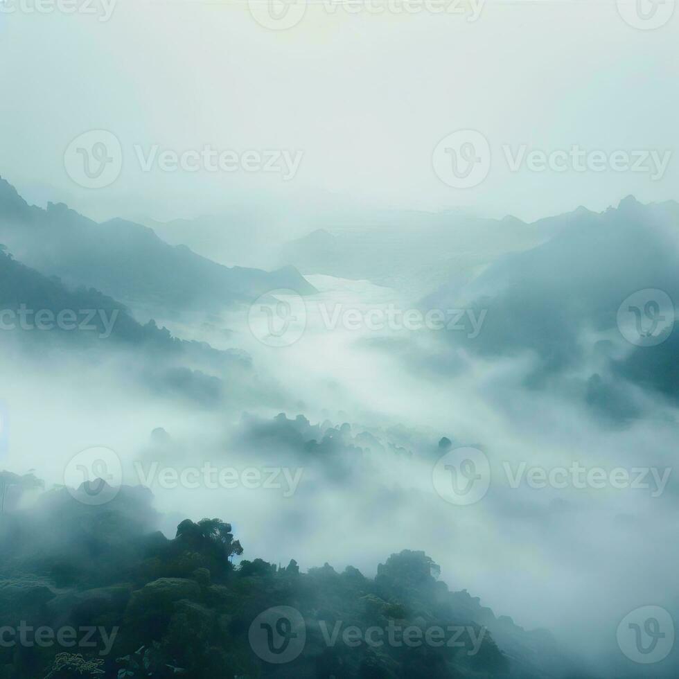Fog over spruce forest trees in the early morning. Spruce trees silhouette on mountain hill forest in summer foggy scenery. Fog over the mountains Kanas morning fog. Generative AI photo