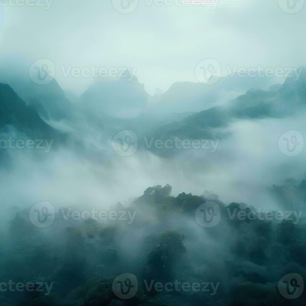 Fog over spruce forest trees in the early morning. Spruce trees silhouette on mountain hill forest in summer foggy scenery. Fog over the mountains Kanas morning fog. Generative AI photo