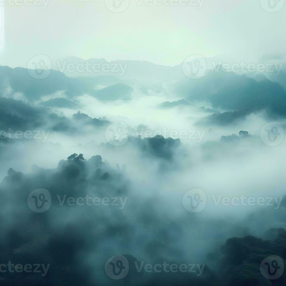 Fog over spruce forest trees in the early morning. Spruce trees silhouette on mountain hill forest in summer foggy scenery. Fog over the mountains Kanas morning fog. Generative AI photo