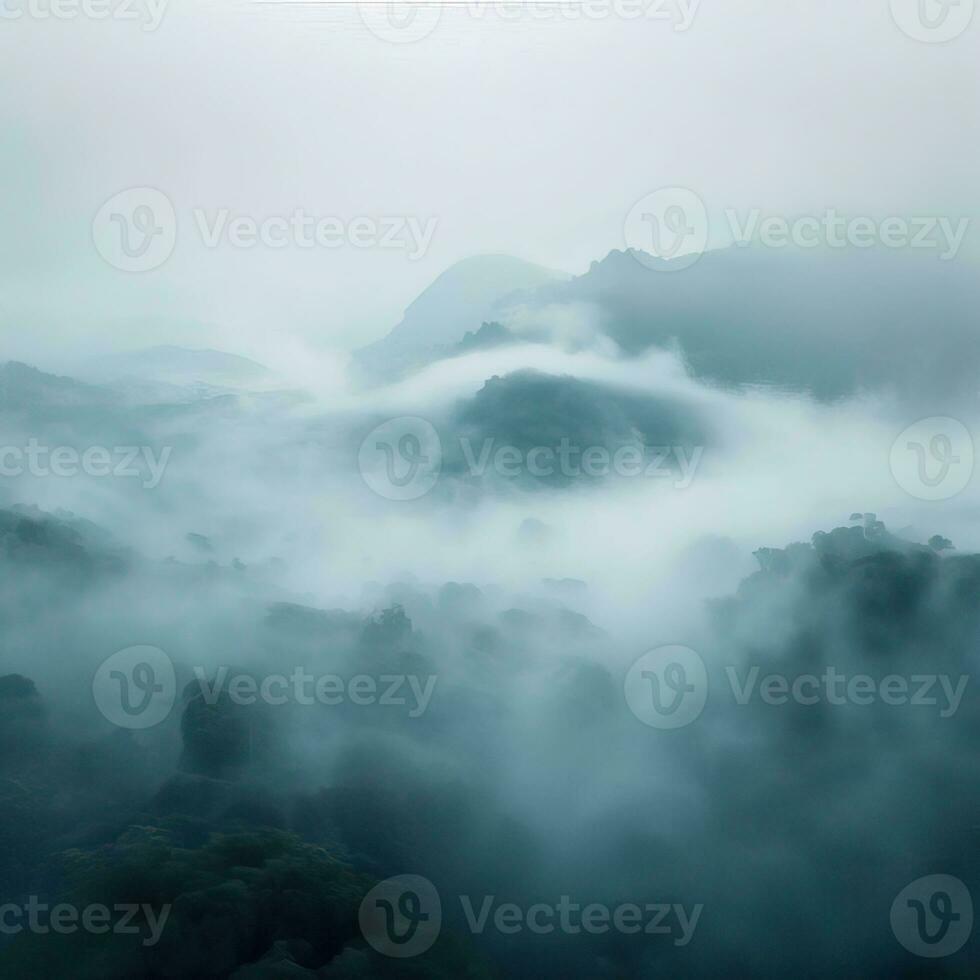 Fog over spruce forest trees in the early morning. Spruce trees silhouette on mountain hill forest in summer foggy scenery. Fog over the mountains Kanas morning fog. Generative AI photo