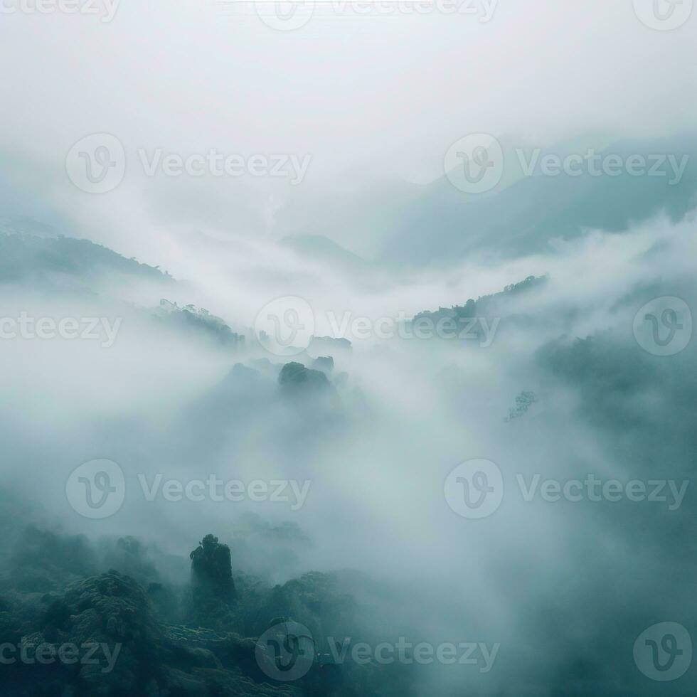 Fog over spruce forest trees in the early morning. Spruce trees silhouette on mountain hill forest in summer foggy scenery. Fog over the mountains Kanas morning fog. Generative AI photo