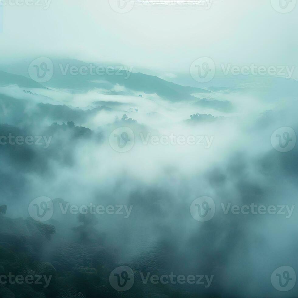 Fog over spruce forest trees in the early morning. Spruce trees silhouette on mountain hill forest in summer foggy scenery. Fog over the mountains Kanas morning fog. Generative AI photo