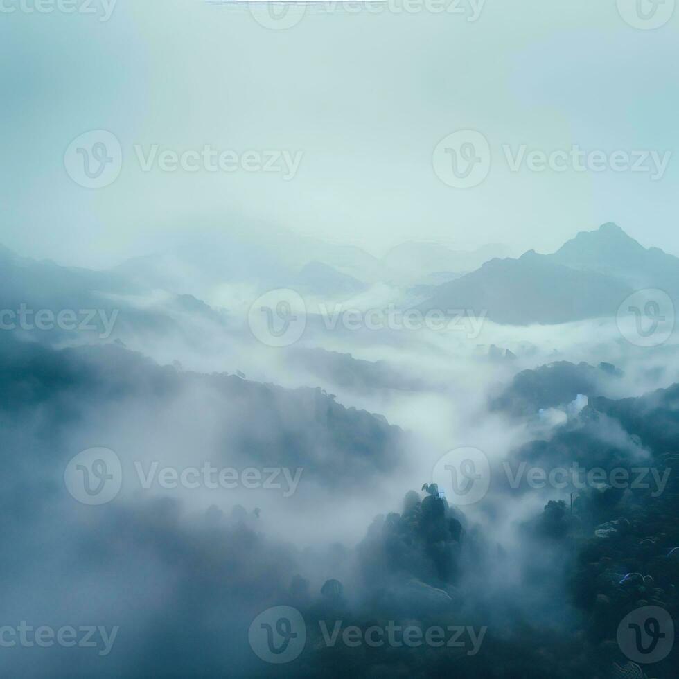 Fog over spruce forest trees in the early morning. Spruce trees silhouette on mountain hill forest in summer foggy scenery. Fog over the mountains Kanas morning fog. Generative AI photo