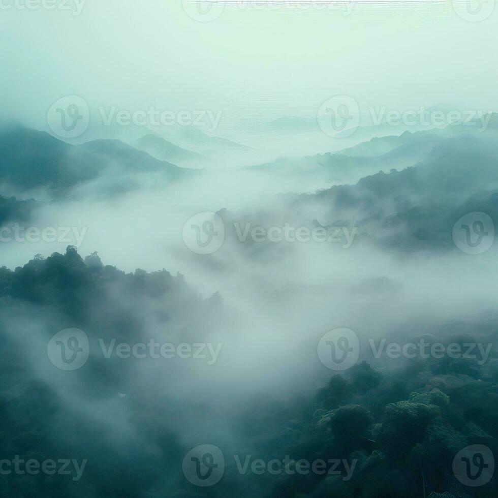 Fog over spruce forest trees in the early morning. Spruce trees silhouette on mountain hill forest in summer foggy scenery. Fog over the mountains Kanas morning fog. Generative AI photo