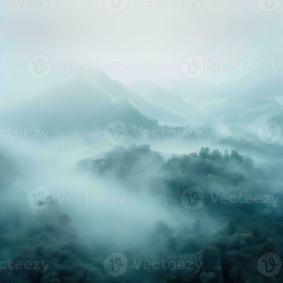Fog over spruce forest trees in the early morning. Spruce trees silhouette on mountain hill forest in summer foggy scenery. Fog over the mountains Kanas morning fog. Generative AI photo