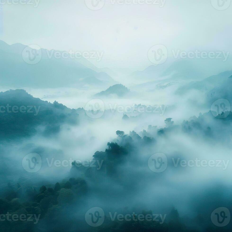 Fog over spruce forest trees in the early morning. Spruce trees silhouette on mountain hill forest in summer foggy scenery. Fog over the mountains Kanas morning fog. Generative AI photo