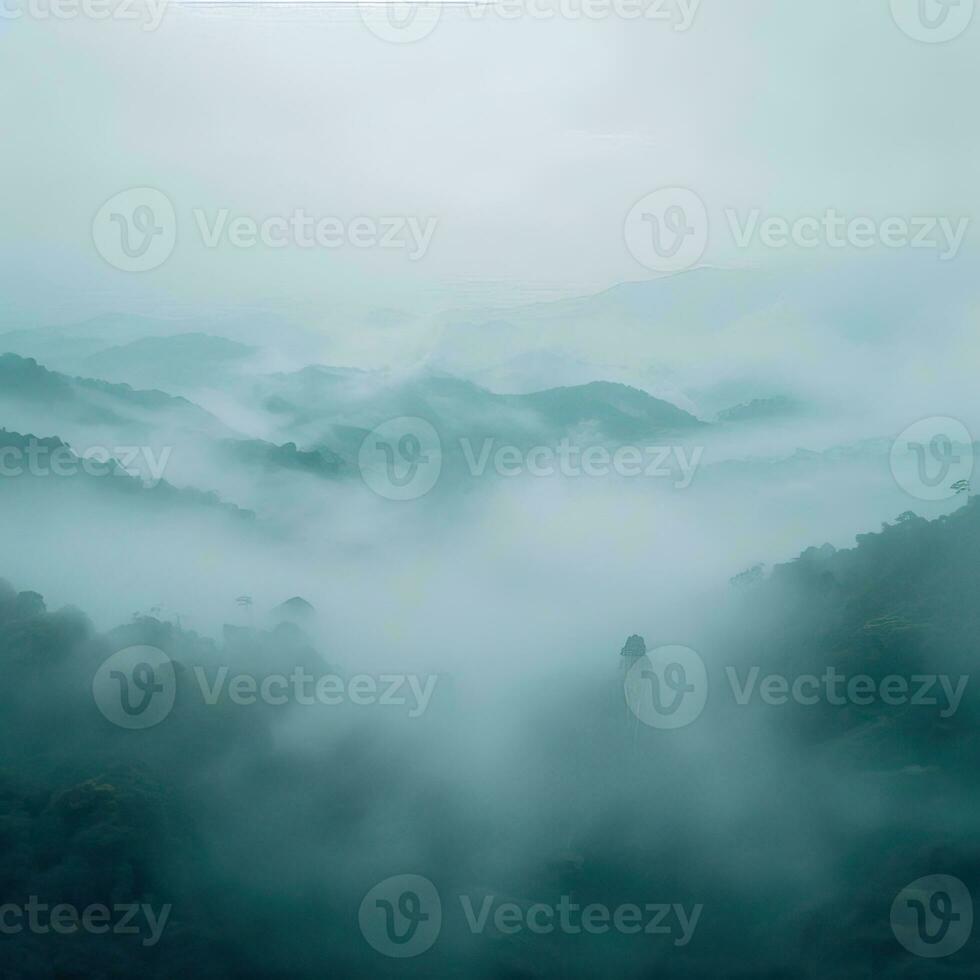 Fog over spruce forest trees in the early morning. Spruce trees silhouette on mountain hill forest in summer foggy scenery. Fog over the mountains Kanas morning fog. Generative AI photo