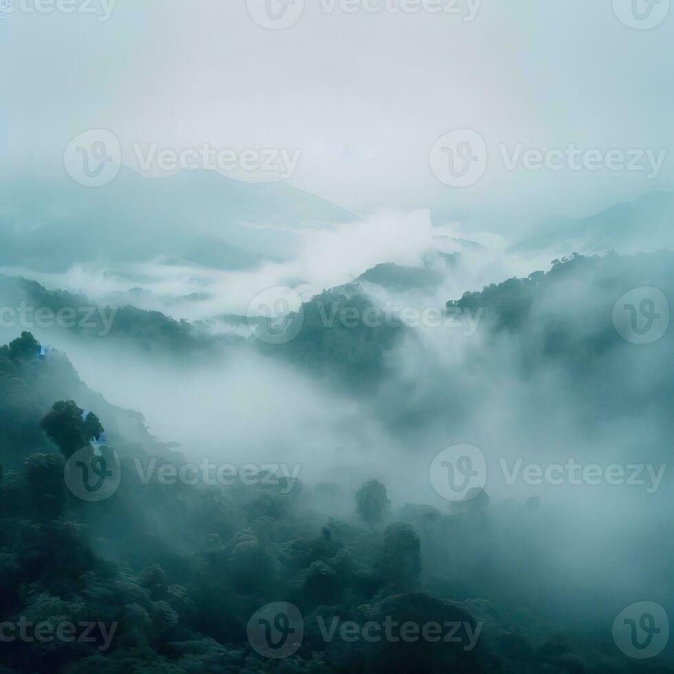 Fog over spruce forest trees in the early morning. Spruce trees silhouette on mountain hill forest in summer foggy scenery. Fog over the mountains Kanas morning fog. Generative AI photo