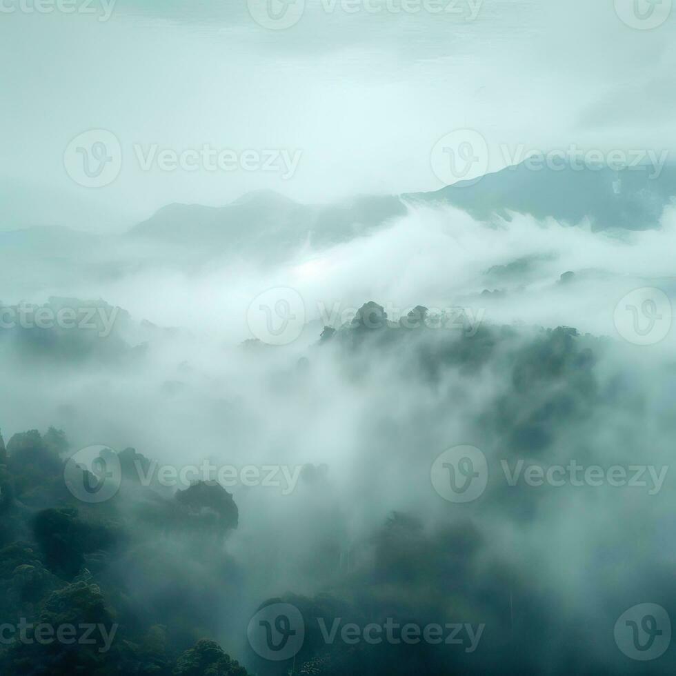 Fog over spruce forest trees in the early morning. Spruce trees silhouette on mountain hill forest in summer foggy scenery. Fog over the mountains Kanas morning fog. Generative AI photo