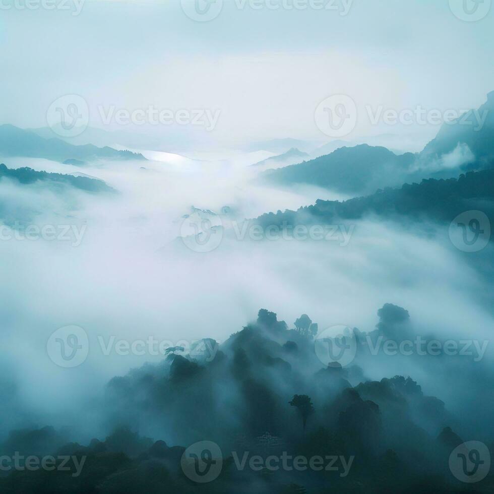 Fog over spruce forest trees in the early morning. Spruce trees silhouette on mountain hill forest in summer foggy scenery. Fog over the mountains Kanas morning fog. Generative AI photo