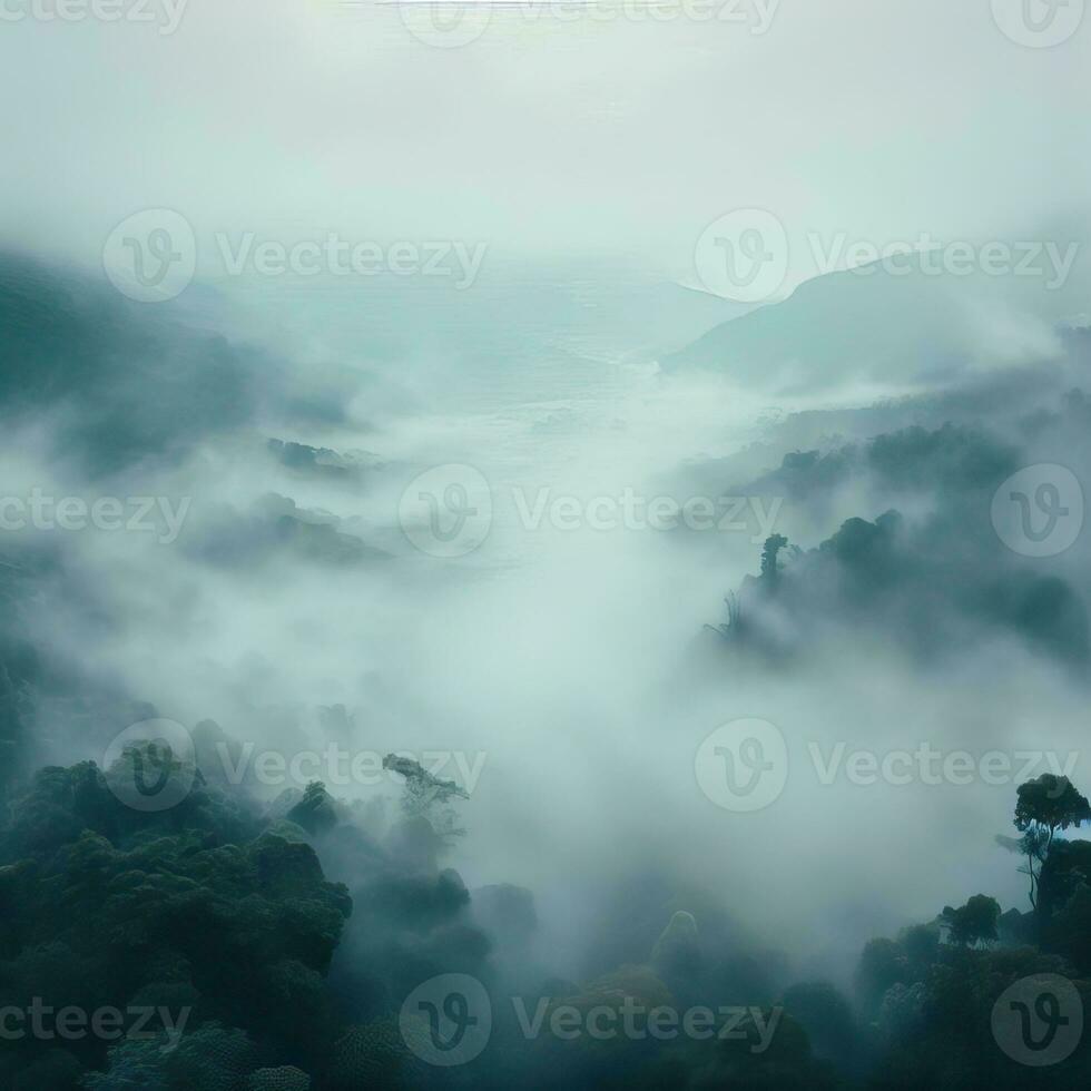 Fog over spruce forest trees in the early morning. Spruce trees silhouette on mountain hill forest in summer foggy scenery. Fog over the mountains Kanas morning fog. Generative AI photo