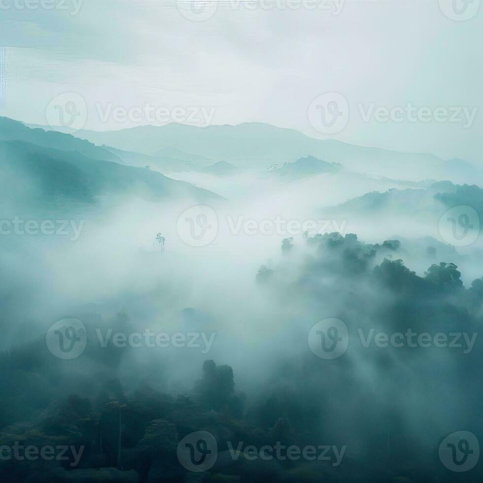 Fog over spruce forest trees in the early morning. Spruce trees silhouette on mountain hill forest in summer foggy scenery. Fog over the mountains Kanas morning fog. Generative AI photo