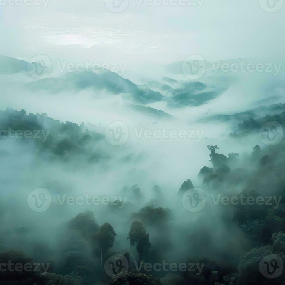 Fog over spruce forest trees in the early morning. Spruce trees silhouette on mountain hill forest in summer foggy scenery. Fog over the mountains Kanas morning fog. Generative AI photo