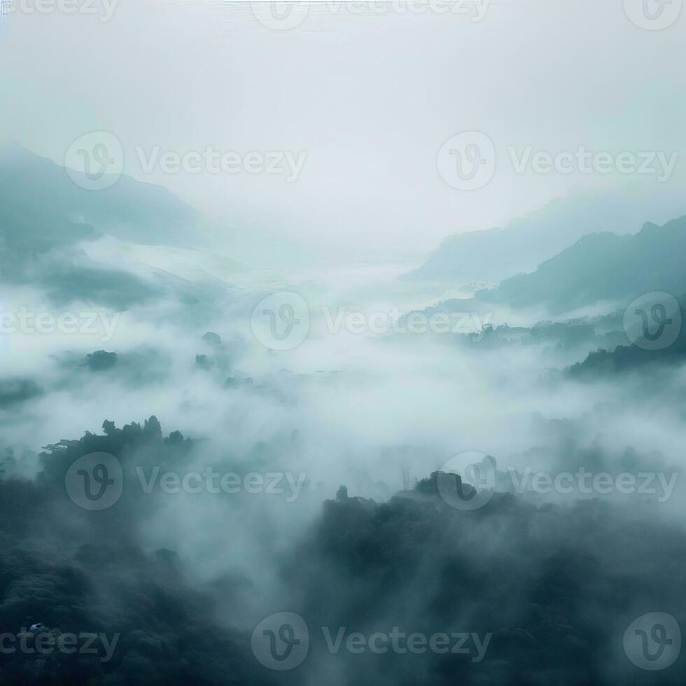 Fog over spruce forest trees in the early morning. Spruce trees silhouette on mountain hill forest in summer foggy scenery. Fog over the mountains Kanas morning fog. Generative AI photo