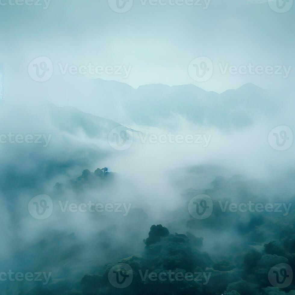 Fog over spruce forest trees in the early morning. Spruce trees silhouette on mountain hill forest in summer foggy scenery. Fog over the mountains Kanas morning fog. Generative AI photo