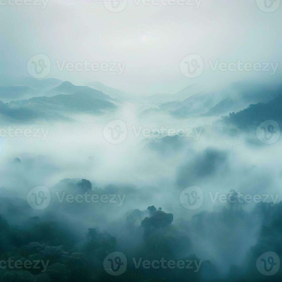 Fog over spruce forest trees in the early morning. Spruce trees silhouette on mountain hill forest in summer foggy scenery. Fog over the mountains Kanas morning fog. Generative AI photo