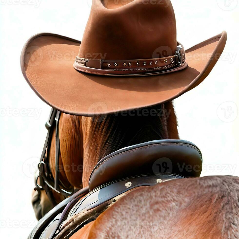 Rodeo horse rider, wild west culture, Americana and American country music concept theme with a brown leather cowboy hat isolated on white background with clip-path cut out. Generative AI photo