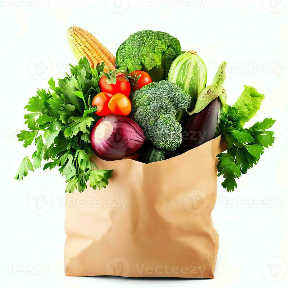 Paper shopping bag with various grocery items on white background, isolated. Bag of food with fresh vegetables, fruits, pasta and canned goods. Food delivery, shopping or donation Generative AI photo